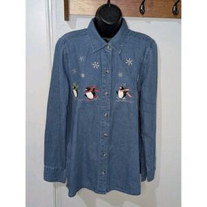 Vintage Christmas Denim Shirt Womens M Penguin Snowflake Embroidered Button Up